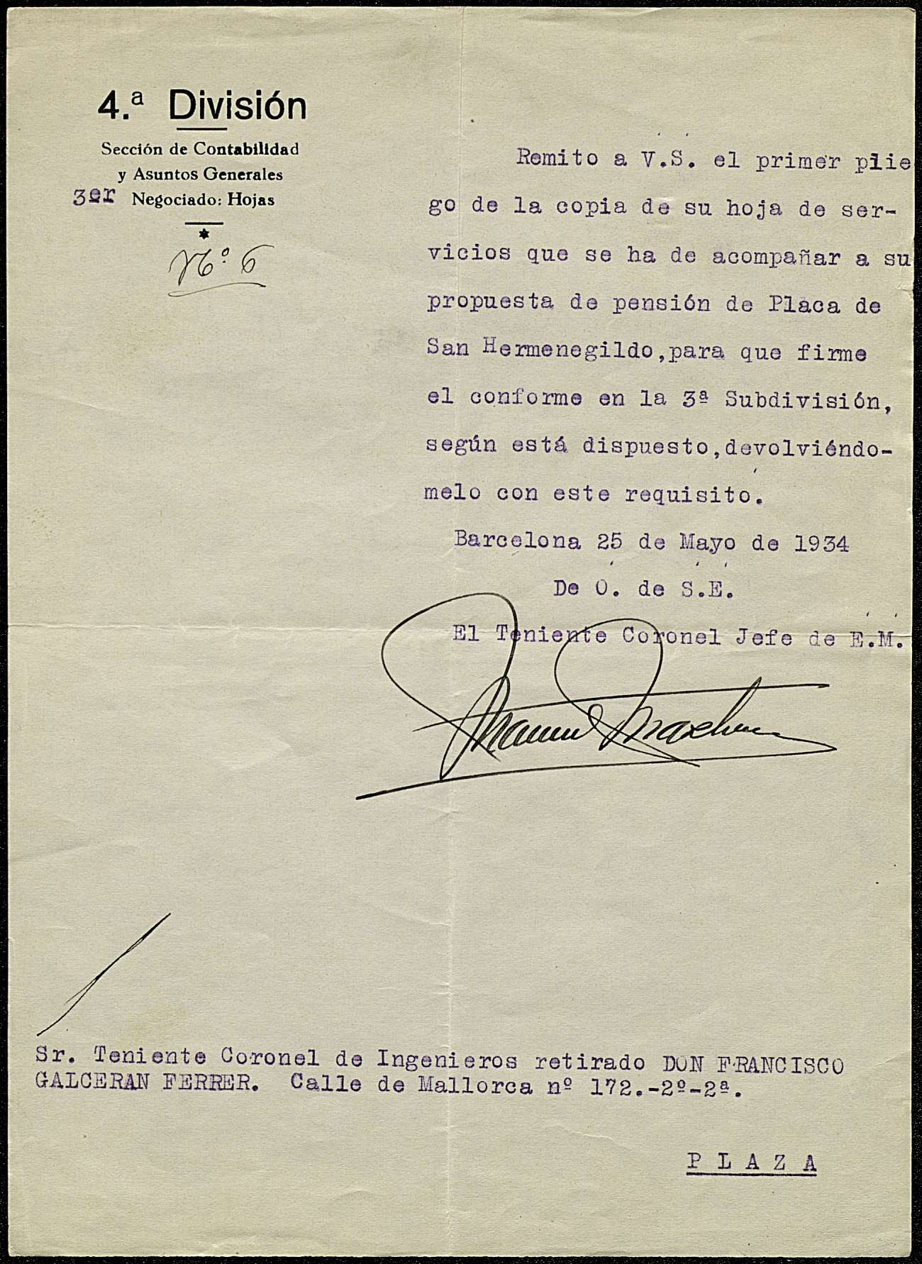 Notificació còpia Hoja de Servicios a D. Francisco Galcerán