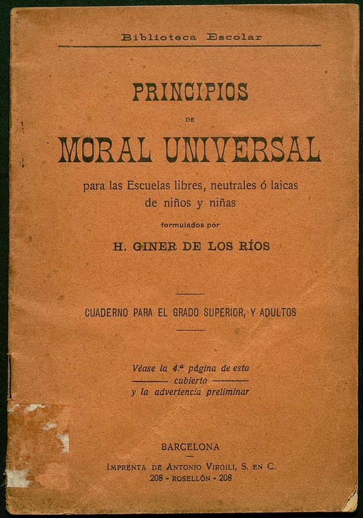 Principios de Moral Universal para Escuelas libres, neutrales ó laicas de niños y niñas