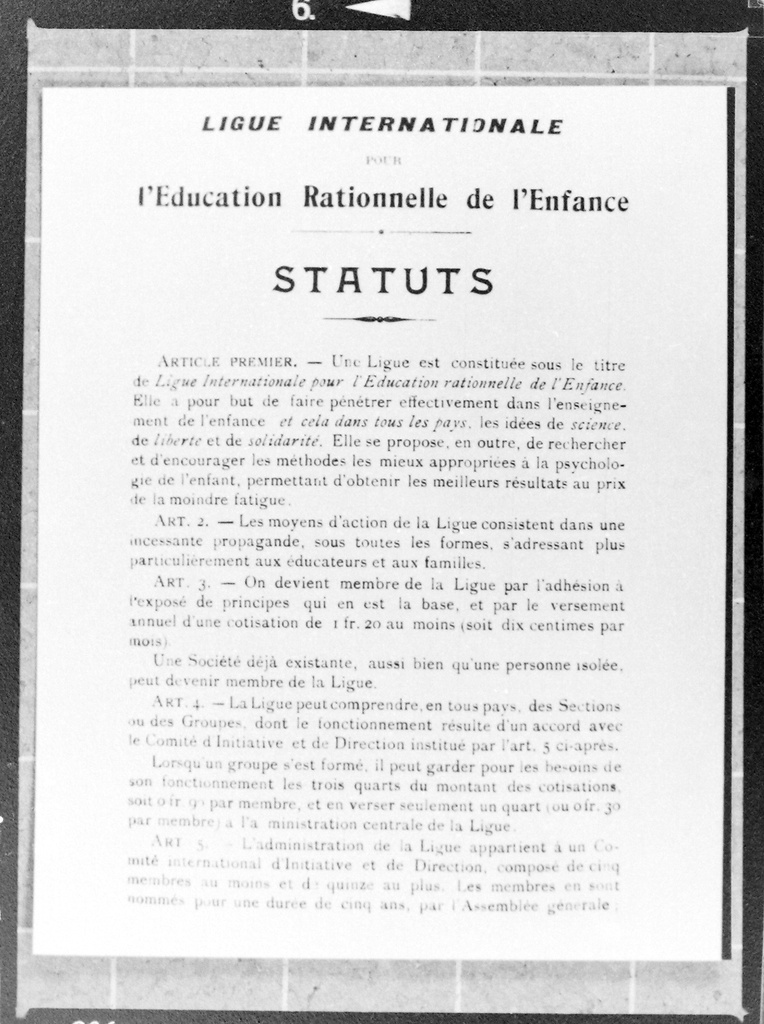 Estatuts de la Ligue Internationale pour l’Education rationnelle de l’Enfance (1/3)