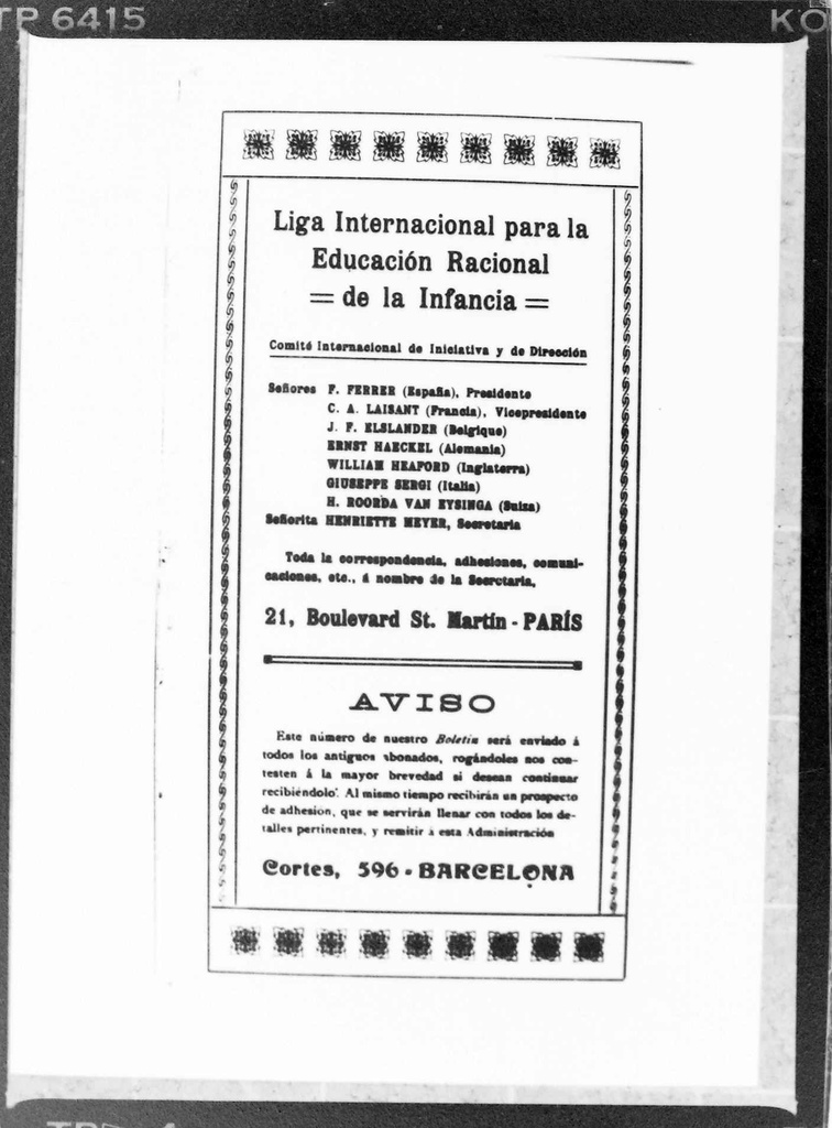 Anunci de la Lliga Internacional per l’Educació Racional de la Infància