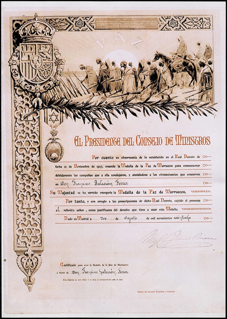 Certificat de la concessió i dret d’us de la Medalla de la Paz de Marruecos a Francisco Galcerán Ferrer