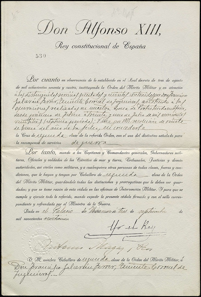 Nomenament cavaller de segona classe de l’Ordre del Mèrit Militar a Francisco Galcerán Ferrer