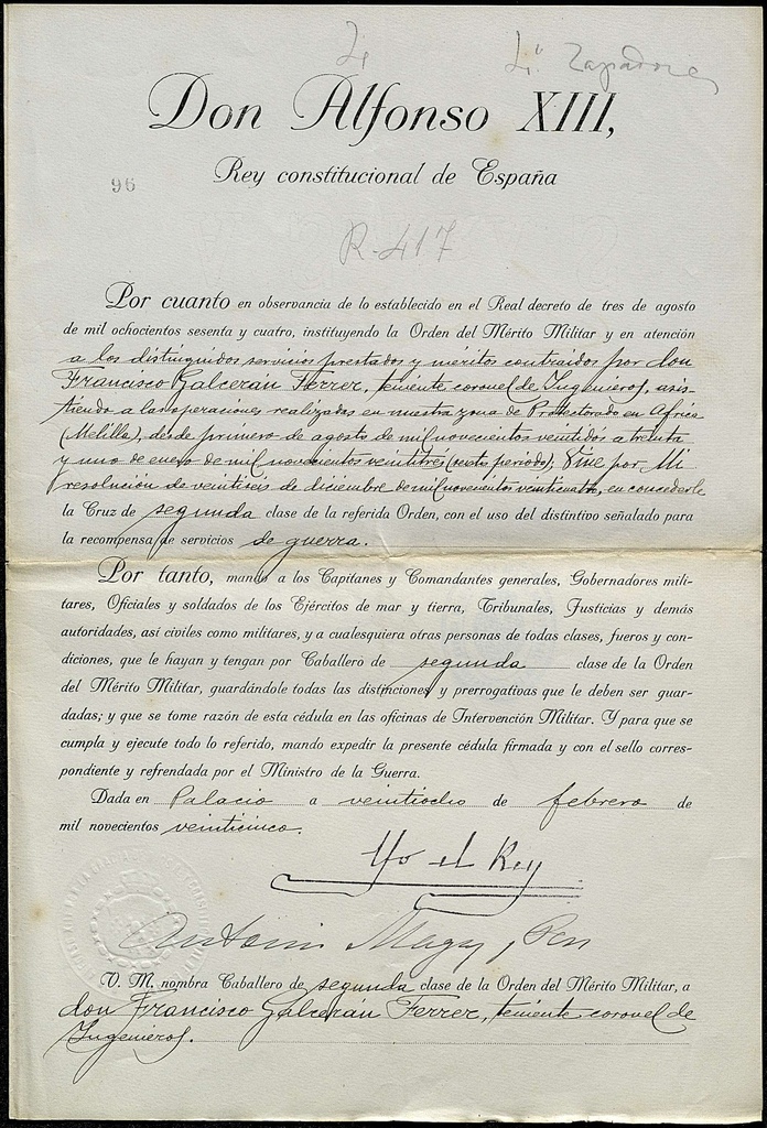 Nomenament cavaller de segona classe de l’Ordre del Mèrit Militar a Francisco Galcerán Ferrer
