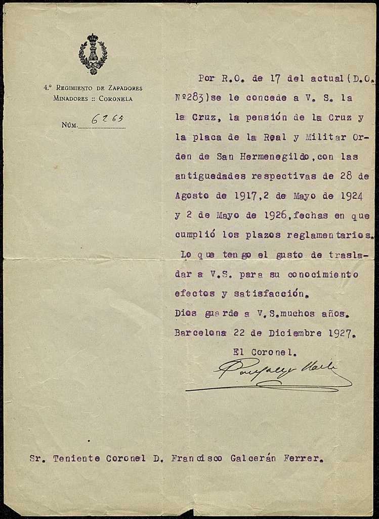 Concessió de la Creu, pensió i placa de l'Ordre de San Hermenegildo a Francisco Galcerán Ferrer
