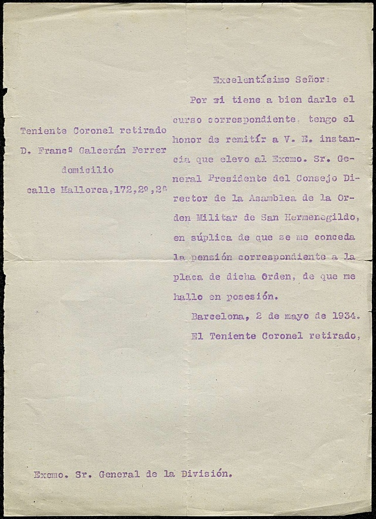 Instància sol·licitant pensió de l'Ordre de San Hermenegildo