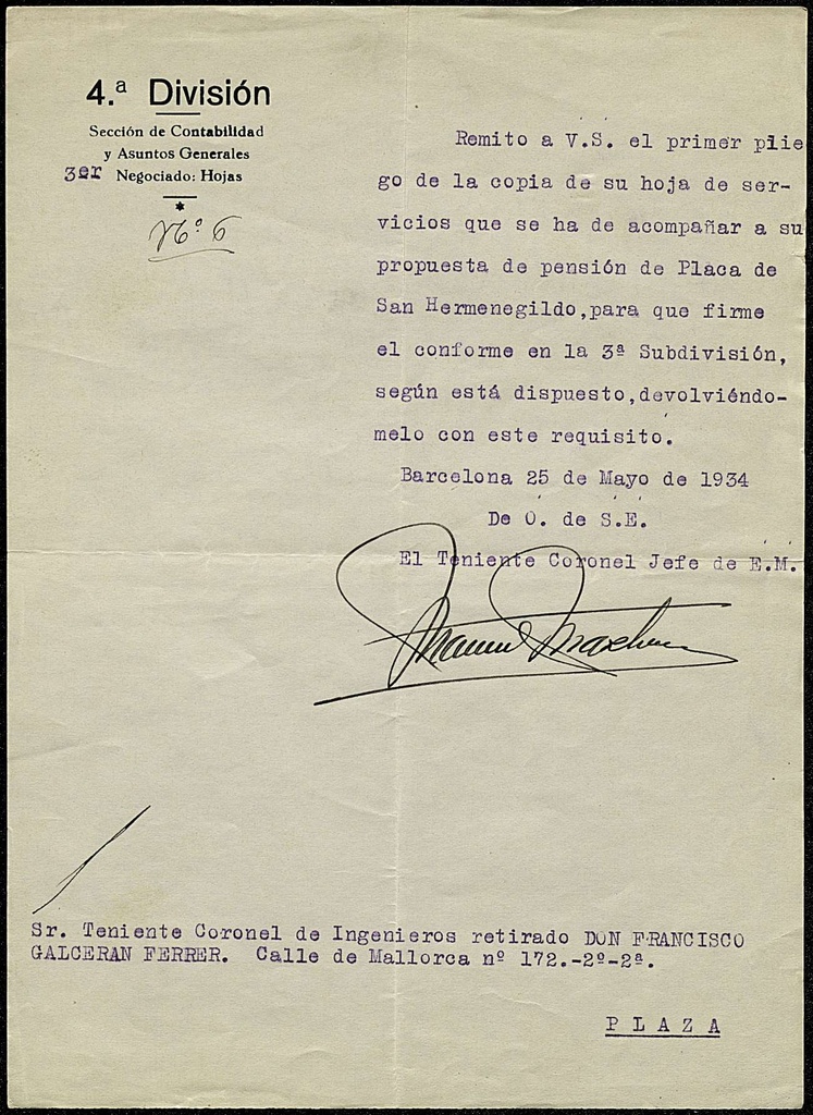 Notificació tramesa còpia de la Hoja de Servicios de D. Francisco Galcerán Ferrer 