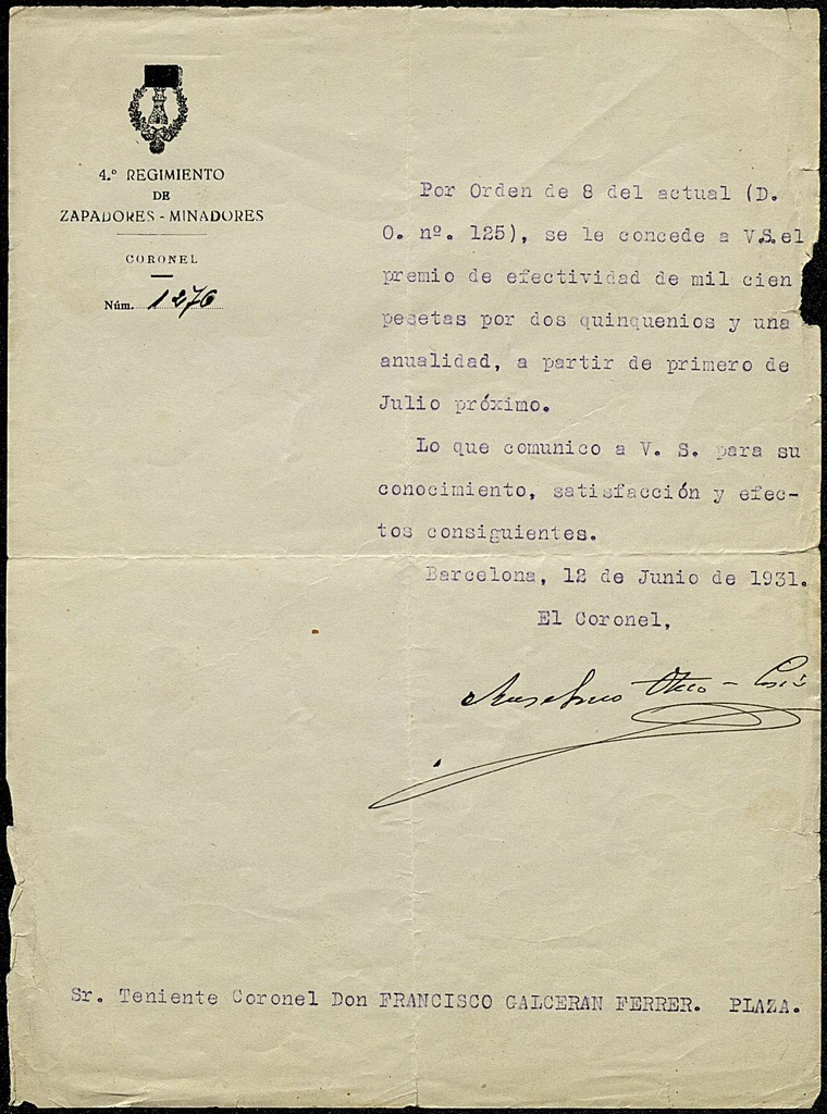 Concessió Premio de Efectividad de 1100 pessetes a Francisco Galcerán Ferrer