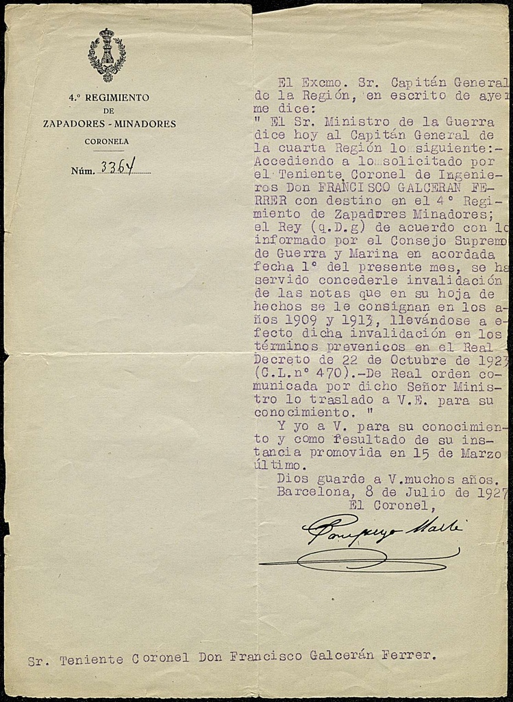 Concessió invalidació notes a la Hoja de Hechos de Francisco Galcerán Ferrer
