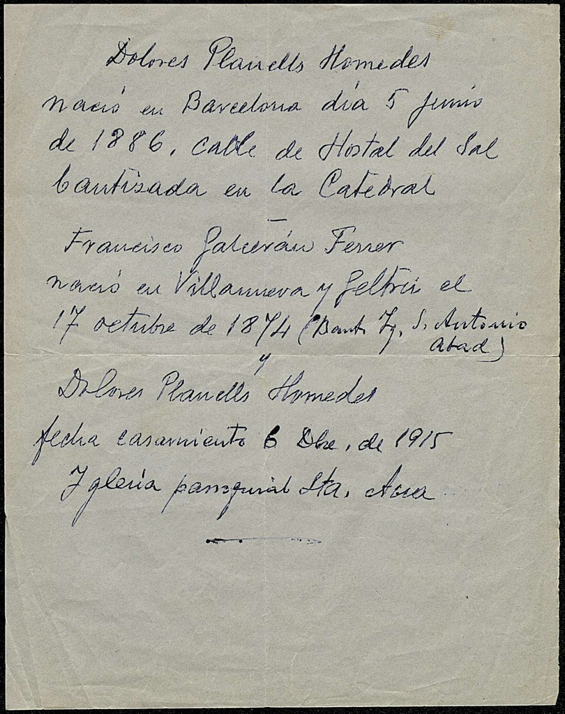 Full manuscrit amb dades biogràfiques de Francisco Galcerán i Dolors Planells, i la data i lloc del casament