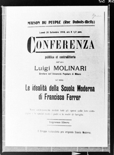 [L10/AF4 (negatiu) L10/AF5 - E-185] Cartell d'una conferència sobre l'Escola Moderna de Ferrer a Ginebra