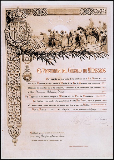 [L2/10 - FG-0497] Certificat de la concessió i dret d’us de la Medalla de la Paz de Marruecos a Francisco Galcerán Ferrer