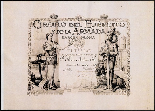 [L2/11 - FG-0498] Títol de soci fundador del Círculo del Ejército y de la Armada de Barcelona a favor de Francisco Galcerán Ferrer