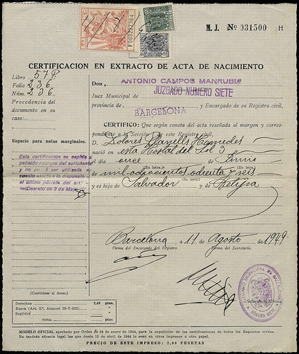 [L2/17 - fg-0504] Partida de naixement de Dolors Planells, esposa de Francisco Galcerán