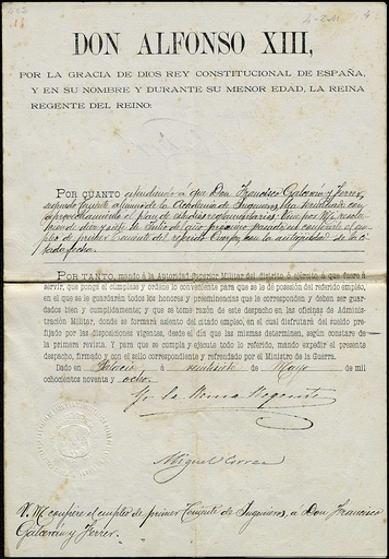 [L2/18 - FG-0505] Concessió ocupació de primer tinent del cos d’enginyers a D. Francisco Galcerán Ferrer