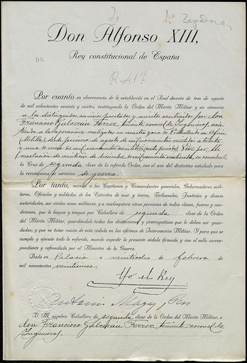[L2/24 - FG-0511] Nomenament cavaller de segona classe de l’Ordre del Mèrit Militar a Francisco Galcerán Ferrer