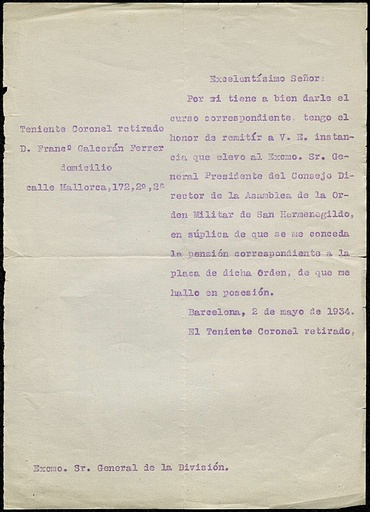 [L2/27 - fg-0514] Instància sol·licitant pensió de l'Ordre de San Hermenegildo