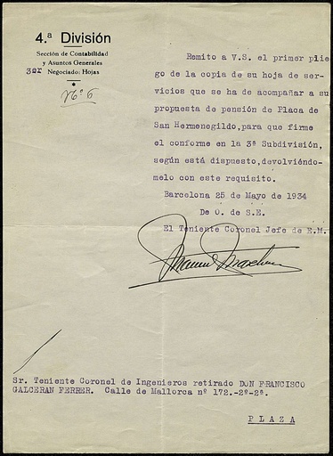 [L2/30 - FG-0517] Notificació tramesa còpia de la Hoja de Servicios de D. Francisco Galcerán Ferrer 