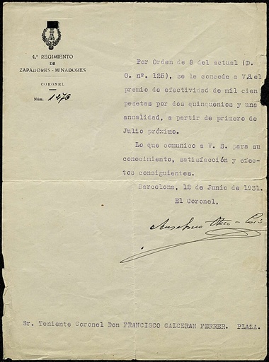 [L2/31 -FG-0518] Concessió Premio de Efectividad de 1100 pessetes a Francisco Galcerán Ferrer