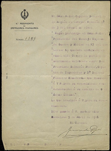 [L2/32 - FG-0519] Notificació registre matrimoni entre D. Francisco Galcerán i Dolores Planells al Consejo Supremo de Guerra y Marina
