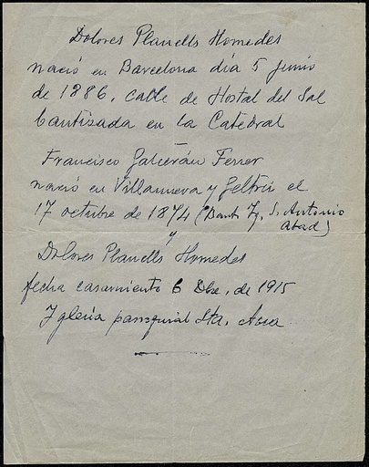 [L2/35 - FG-0522] Full manuscrit amb dades biogràfiques de Francisco Galcerán i Dolors Planells, i la data i lloc del casament